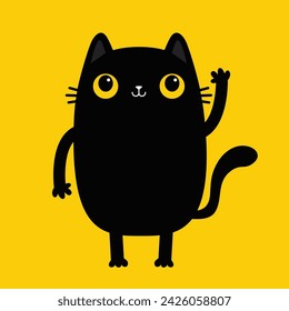 Cat standing. Waving hand paw. Funny head face icon. Black kitten with yellow eyes. Cute cartoon funny baby character. Kawaii pet animal. Sticker print. Flat design. Yellow background. Vector