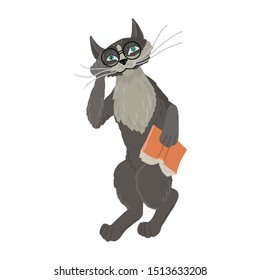 Cat stands on hind legs and touching its glasses. Holding book in paws. Isolated on white background. Flat style vector cartoon drawing