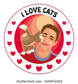 A CAT STANDS ON THE SHOULDER OF A GUY AND LICKS HIS NOSE. I LOVE CATS STIKER