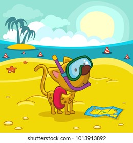 The cat stands in the underwater mask on the background of the sea, sand and the island. He has a summer holiday. Illustration for design.