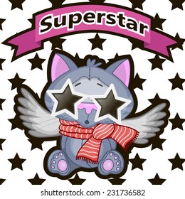 Cat with star glasses on the background of stars 