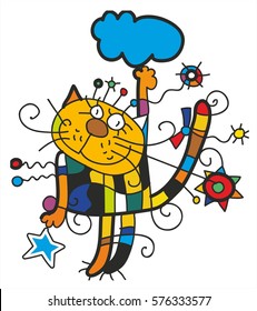 Cat and star/  Style graphics with bright local colors.