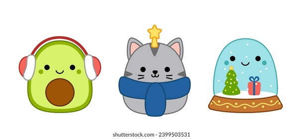 Cat with star top, avocado in red earmuff, snow globe. Squishmallow.  Pillow. Kawaii, cartoon. Isolated vector illustration eps 10