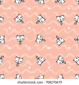 Cat and Star Vector Seamless pattern. Hand Drawn Doodle Pet. Animal Background for kids