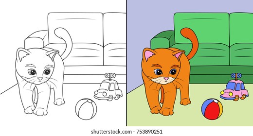 Cat starring a ball on the floor, line art illustration for coloring book and page