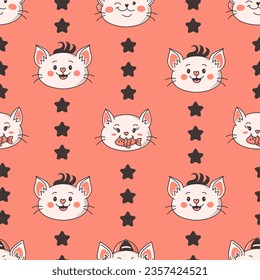 Cat and stars seamless pattern. Funny childish endless background with cute smiling kittens and stars. Repeat vector illustration