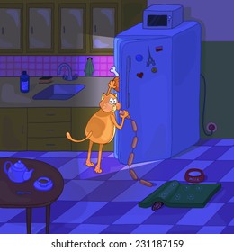 Cat stealing food in the kitchen at night. Cat eating meat. Cat tricks. Food for pets. Funny style. Cartoon cat in the kitchen vector illustration. 