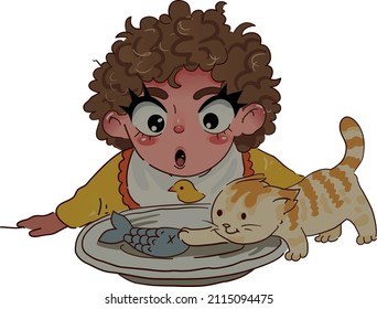 cat steals food from girl's plate