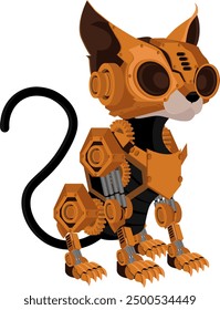 Cat steampunk robot. Unusual animal pattern mechanism vector illustration.