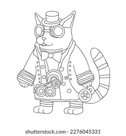 Cat in steampunk style - linear hand drawn black and white vector illustration.