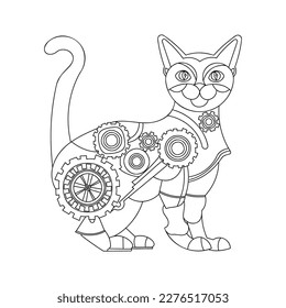 Cat in steampunk style - linear hand drawn black and white vector illustration.