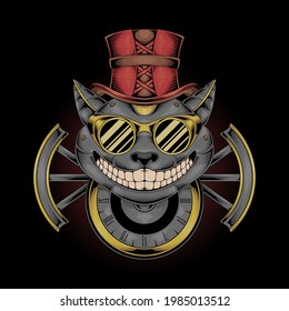 Cat steampunk vector template. Illustration of old robot cat with glasses