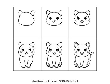Cat. Step by step drawing. Coloring page, coloring book page. Black and white vector illustration.