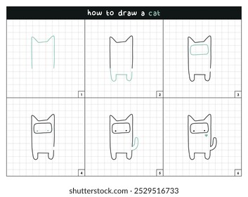 Cat step by step vector line drawing instructions