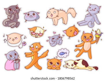 Cat sticker. Cute kitten character emotion or kawai kitty expression icon collection. Vector breed cute pet animal illustration. Funny humorous cat sticker set isolated on white background