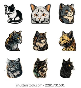 Cat Sticker Flat Icon Set Isolated On White Background