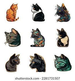 Cat Sticker Flat Icon Set Isolated On White Background