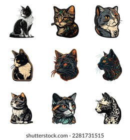 Cat Sticker Flat Icon Set Isolated On White Background