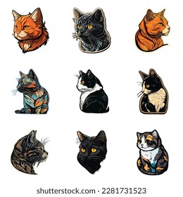 Cat Sticker Flat Icon Set Isolated On White Background