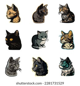 Cat Sticker Flat Icon Set Isolated On White Background