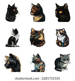 Cat Sticker Flat Icon Set Isolated On White Background