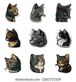 Cat Sticker Flat Icon Set Isolated On White Background