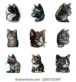 Cat Sticker Flat Icon Set Isolated On White Background