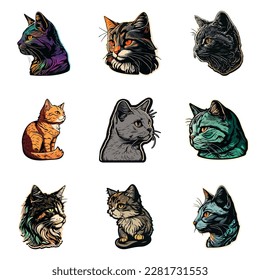 Cat Sticker Flat Icon Set Isolated On White Background