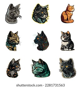 Juego De Icono Plano De Pegatina De Gato Aislado En Fondo Blanco