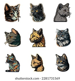 Cat Sticker Flat Icon Set Isolated On White Background