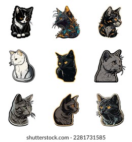 Cat Sticker Flat Icon Set Isolated On White Background