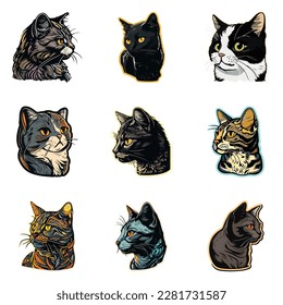 Cat Sticker Flat Icon Set Isolated On White Background