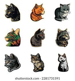 Cat Sticker Flat Icon Set Isolated On White Background