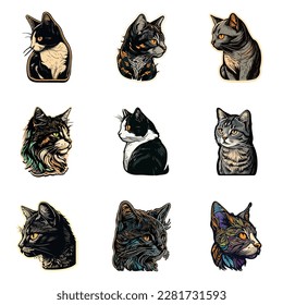 Cat Sticker Flat Icon Set Isolated On White Background