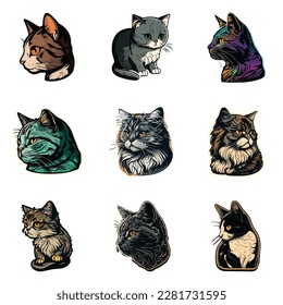 Cat Sticker Flat Icon Set Isolated On White Background