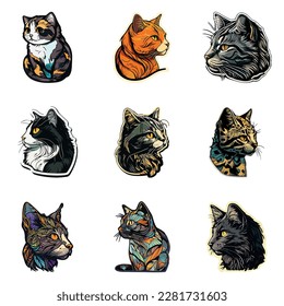 Cat Sticker Flat Icon Set Isolated On White Background