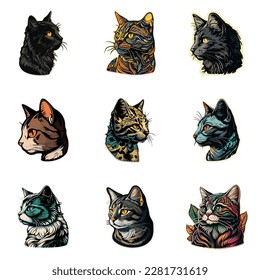Cat Sticker Flat Icon Set Isolated On White Background
