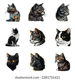 Cat Sticker Flat Icon Set Isolated On White Background