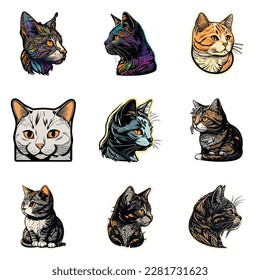 Cat Sticker Flat Icon Set Isolated On White Background