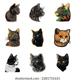 Cat Sticker Flat Icon Set Isolated On White Background