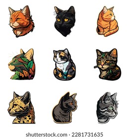 Cat Sticker Flat Icon Set Isolated On White Background
