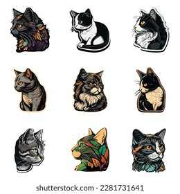 Cat Sticker Flat Icon Set Isolated On White Background