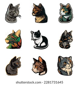 Cat Sticker Flat Icon Set Isolated On White Background