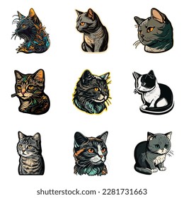 Cat Sticker Flat Icon Set Isolated On White Background