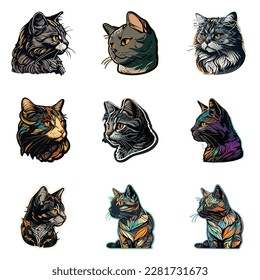 Cat Sticker Flat Icon Set Isolated On White Background