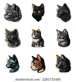 Cat Sticker Flat Icon Set Isolated On White Background