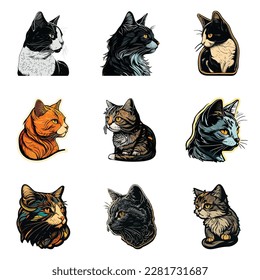 Cat Sticker Flat Icon Set Isolated On White Background