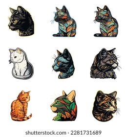 Cat Sticker Flat Icon Set Isolated On White Background