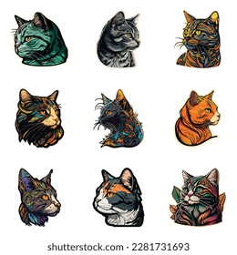 Cat Sticker Flat Icon Set Isolated On White Background