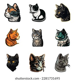 Cat Sticker Flat Icon Set Isolated On White Background